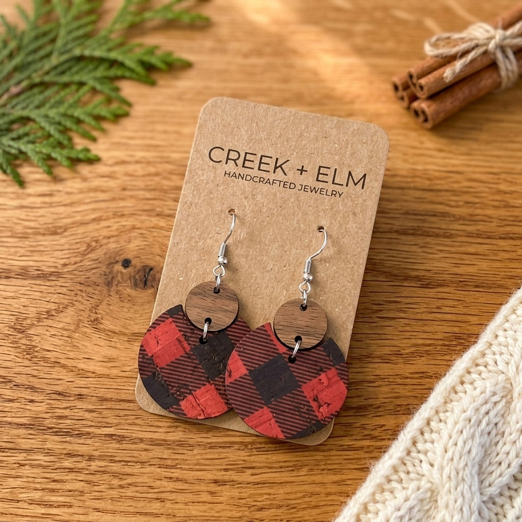 photo of red buffalo check cork and walnut earrings with cinnamon sticks