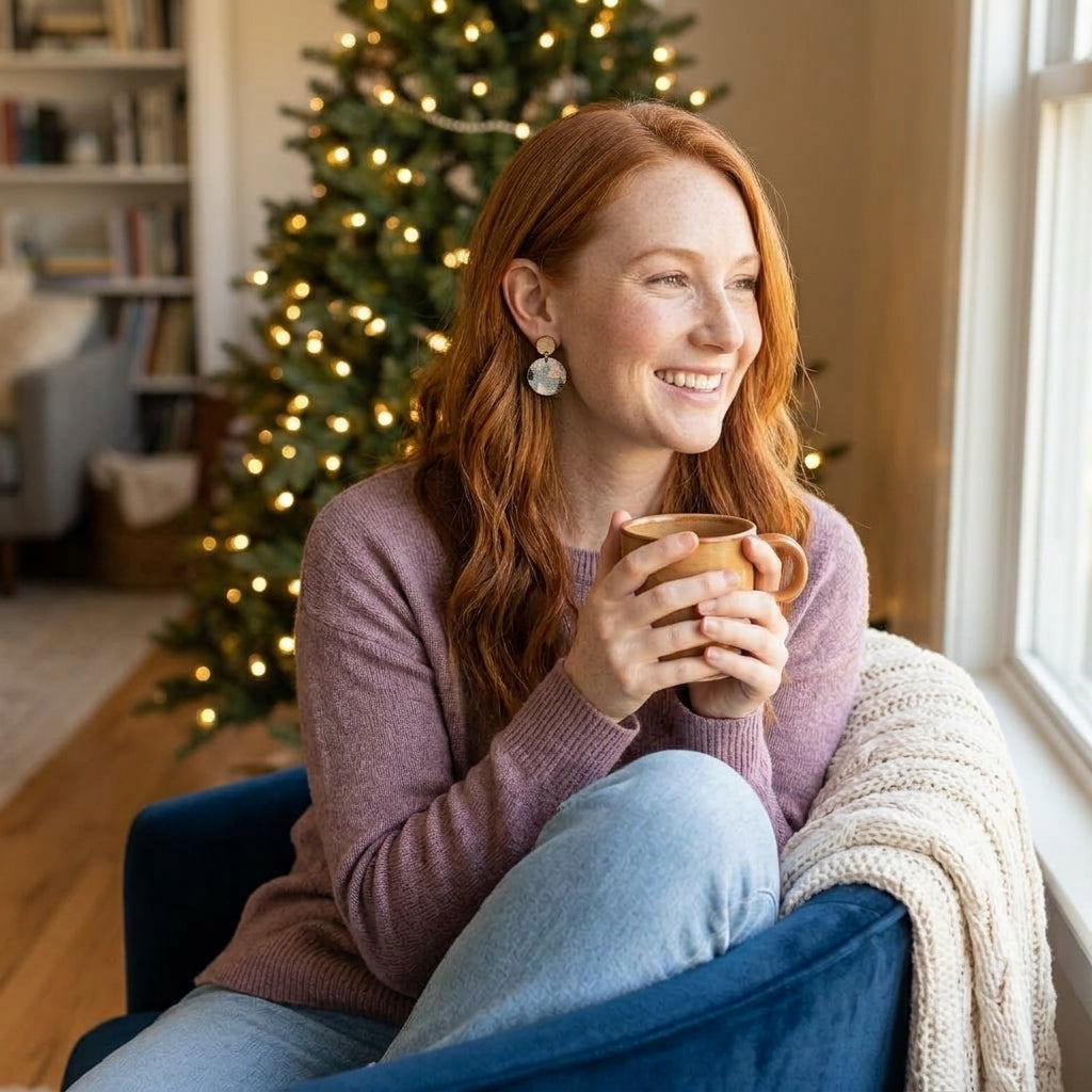 woman wearing pine tree christmas earrings