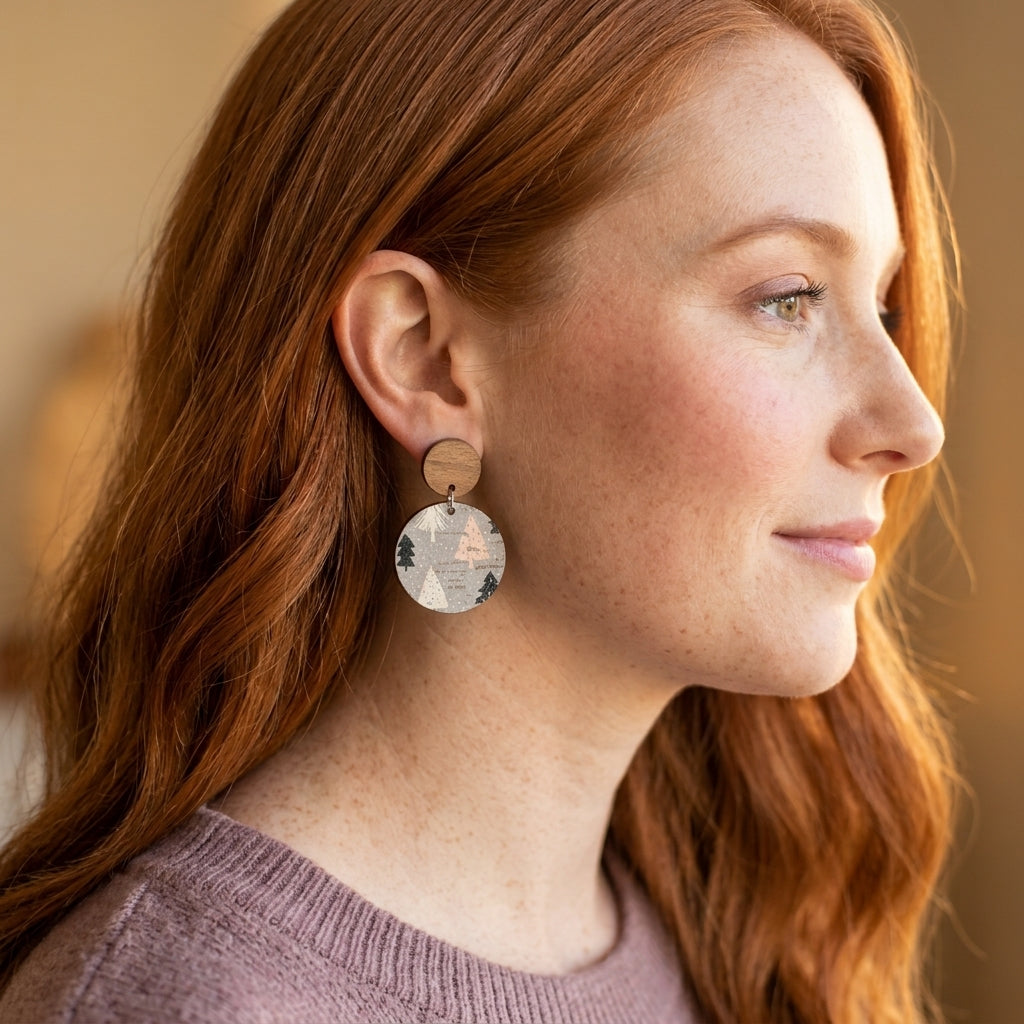 woman wearing winter woodsy scene cork and walnut circle statement earrings