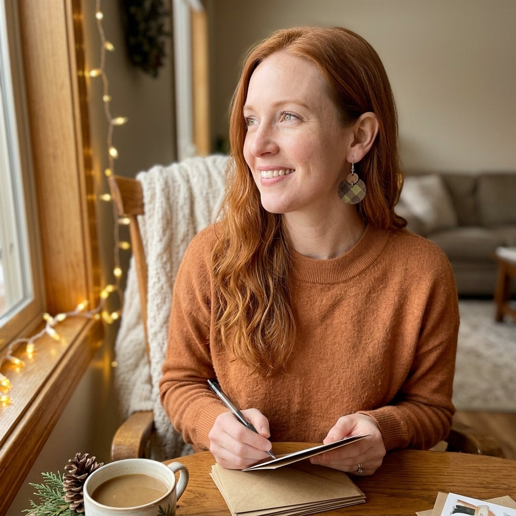 model writing wearing green buffalo plaid statement christmas earrings