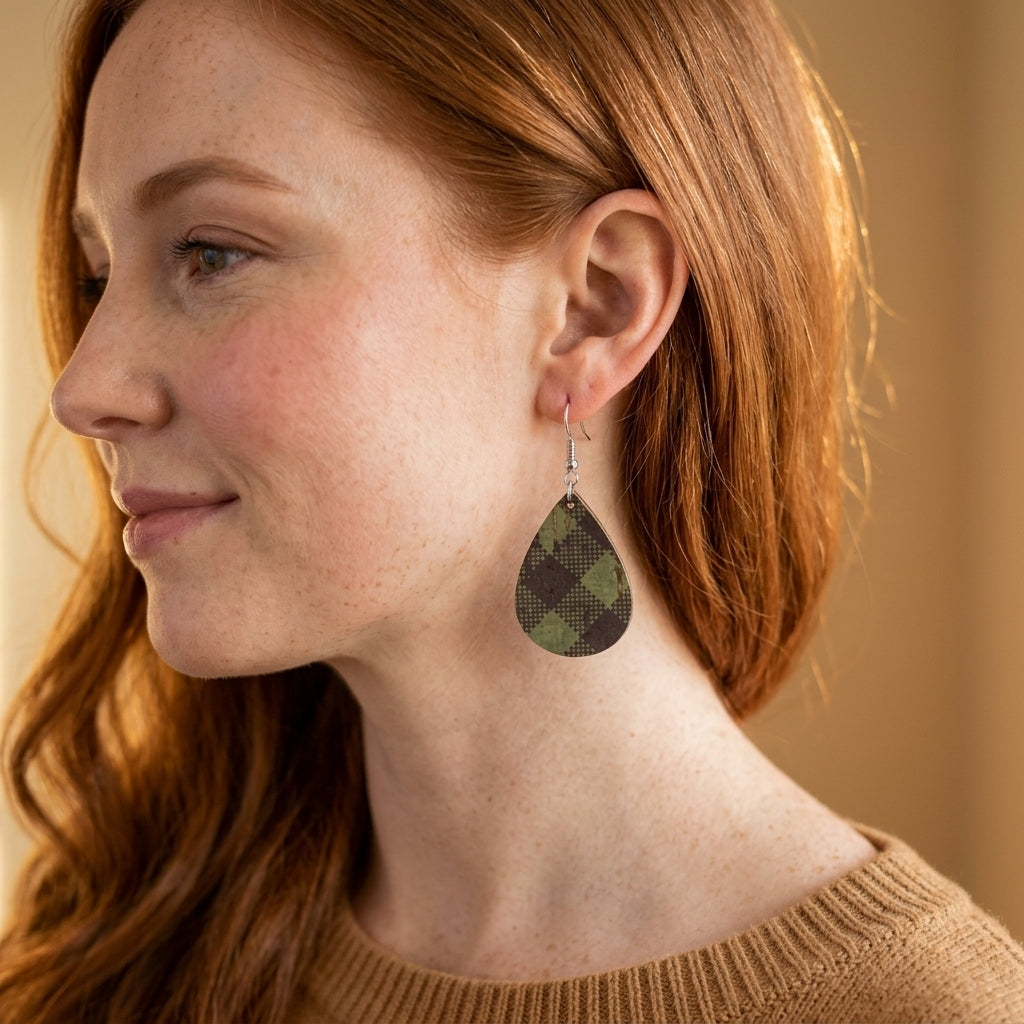 woman wearing green buffalo plaid cork teardrop earrings