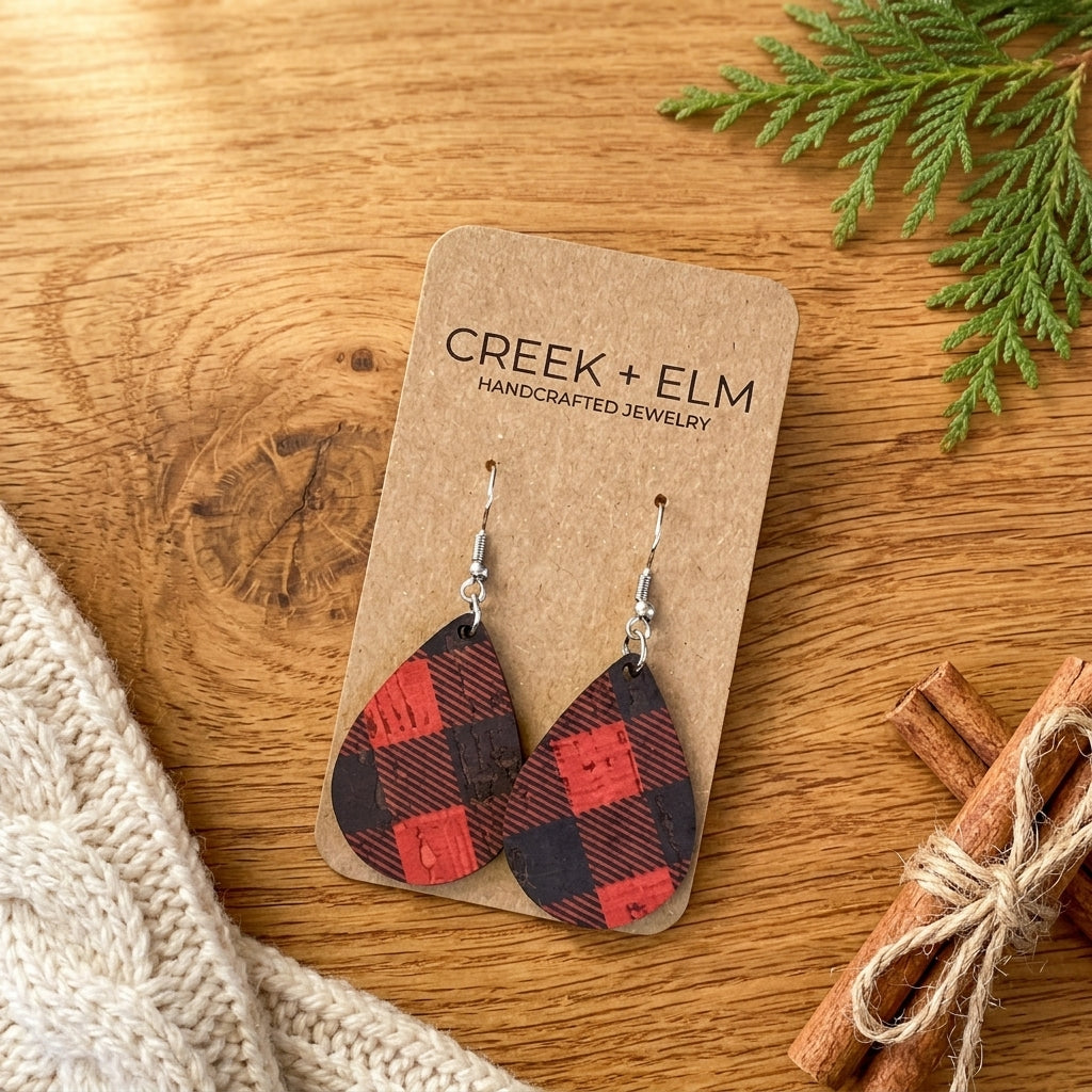 red plaid cork teardrop holiday statement earrings