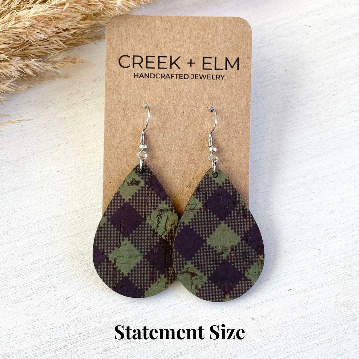 statement size green buffalo check teardrop earrings