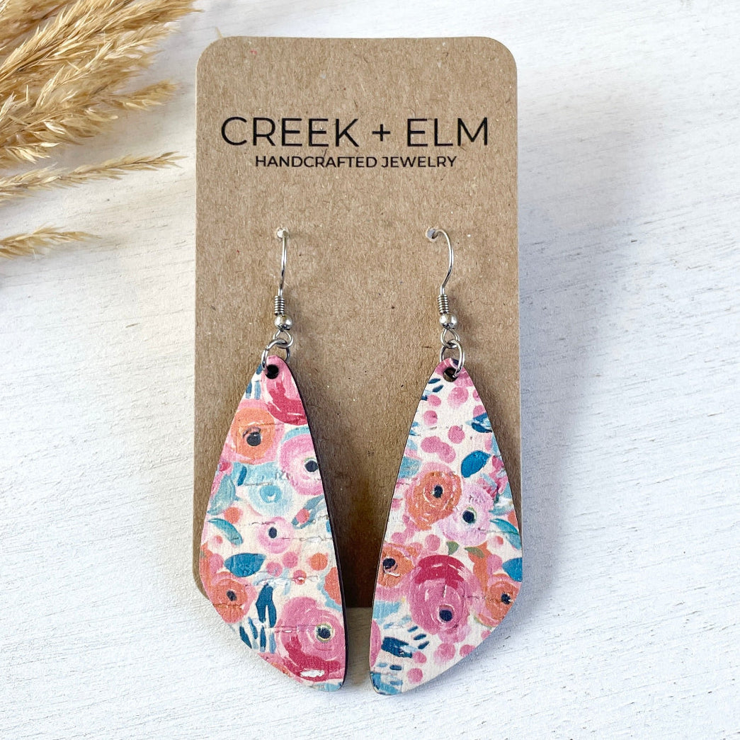 Silver Eliza Summer Garden cork teardrop earrings on packaging 