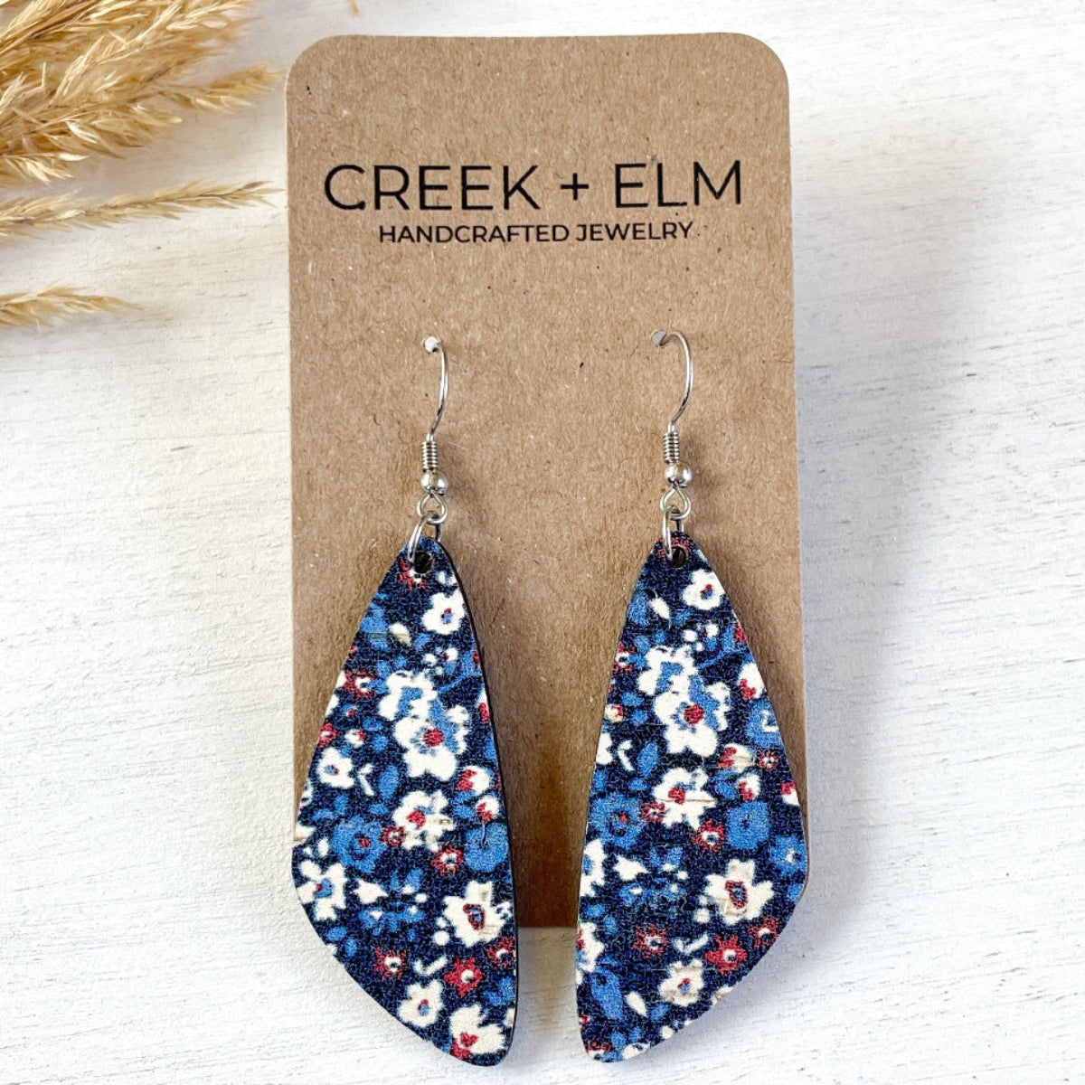 Silver Eliza Patriotic Poppies cork teardrop earrings on Creek+Elm Pak
