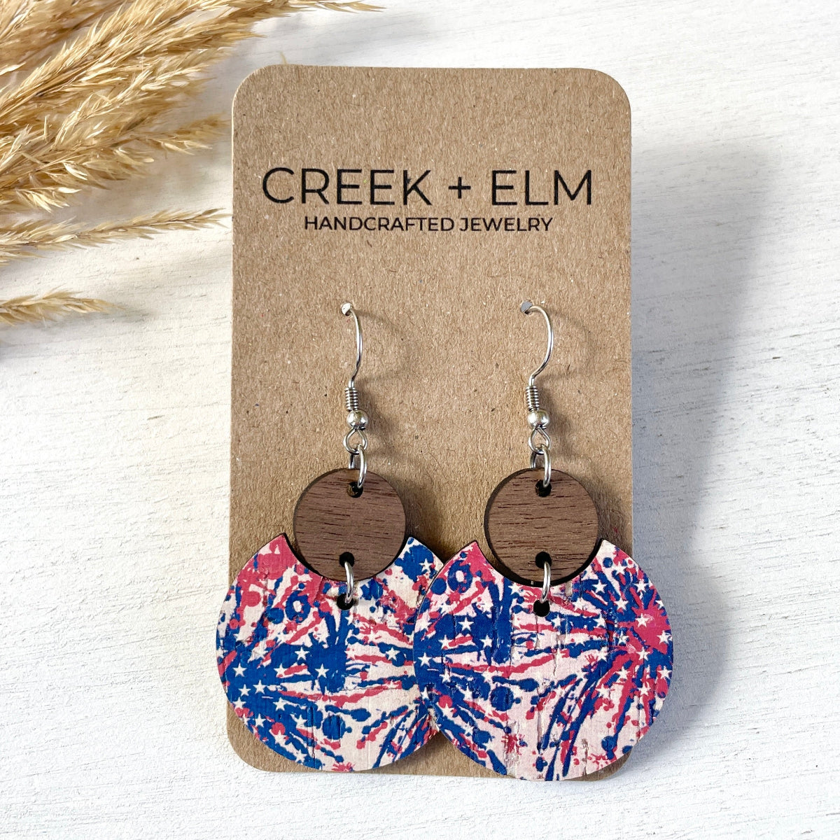 Different pattern on Cora Star Spangled cork and walnut earrings 