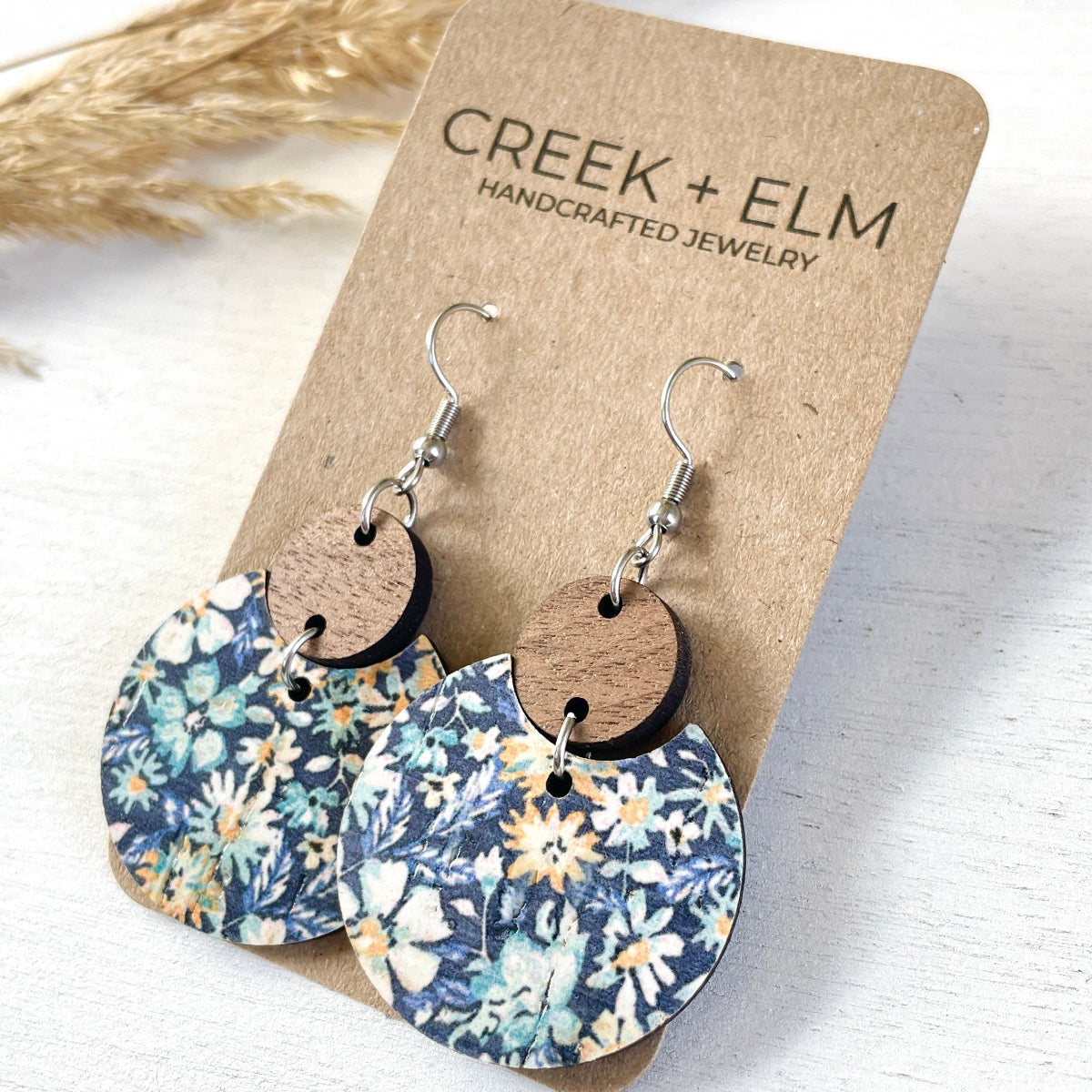 Cora Blue Floral cork and walnut earrings on a white background