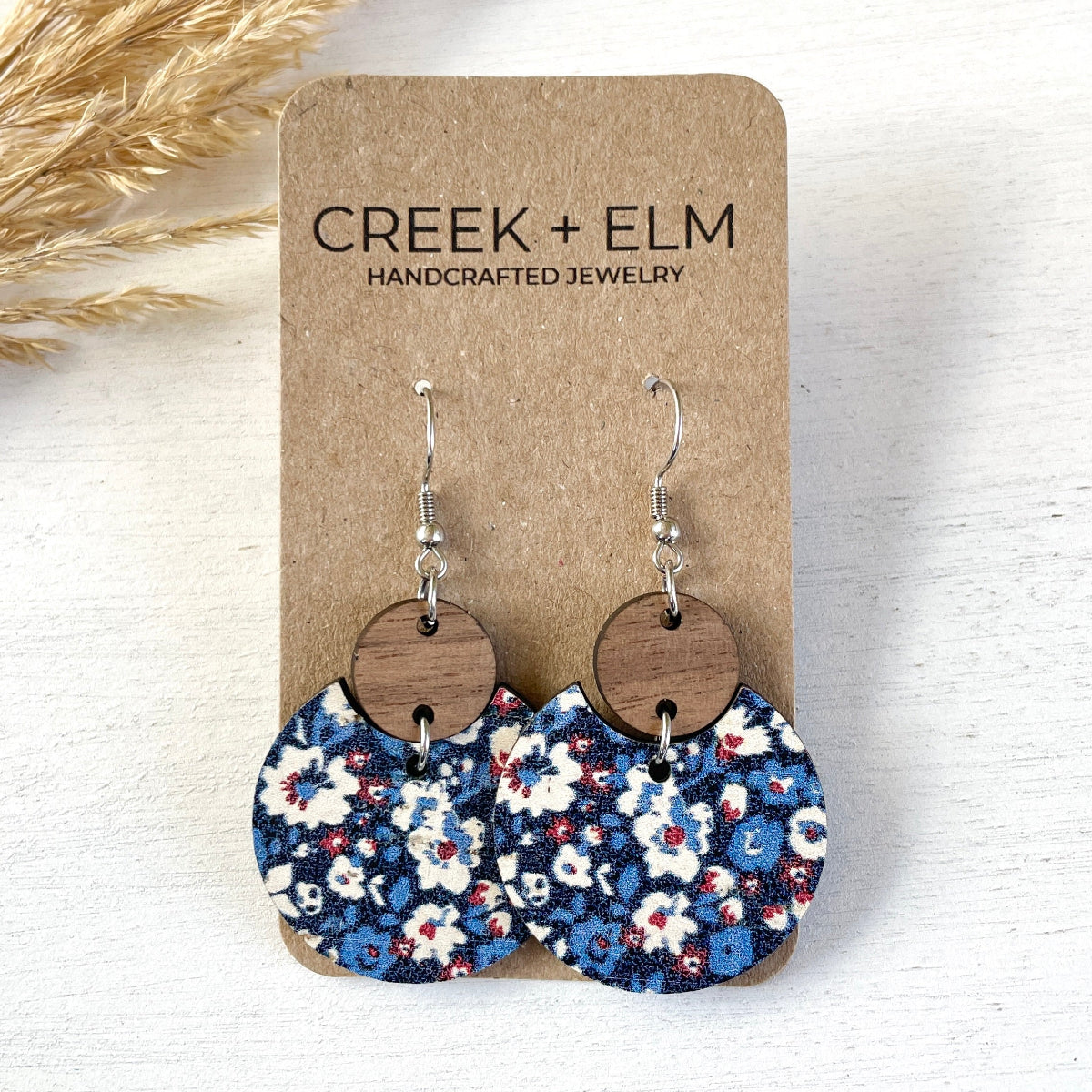 Cora Patriotic Poppies cork and walnut earrings on Creek+Elm Packaging