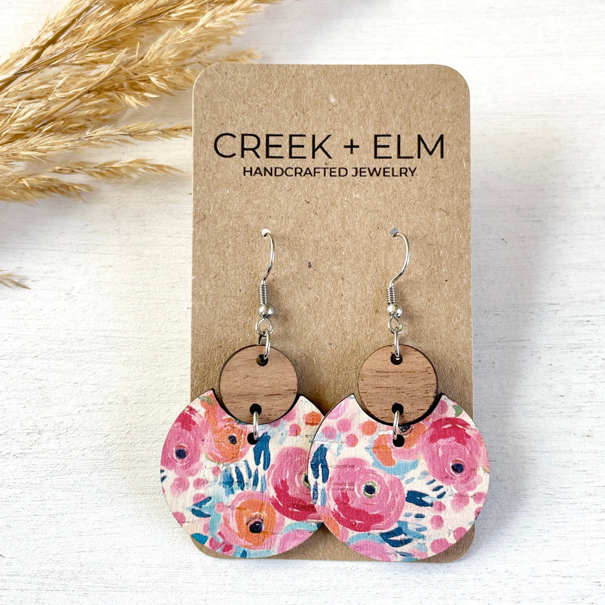 Different pattern on Cora Summer Garden cork and walnut earrings