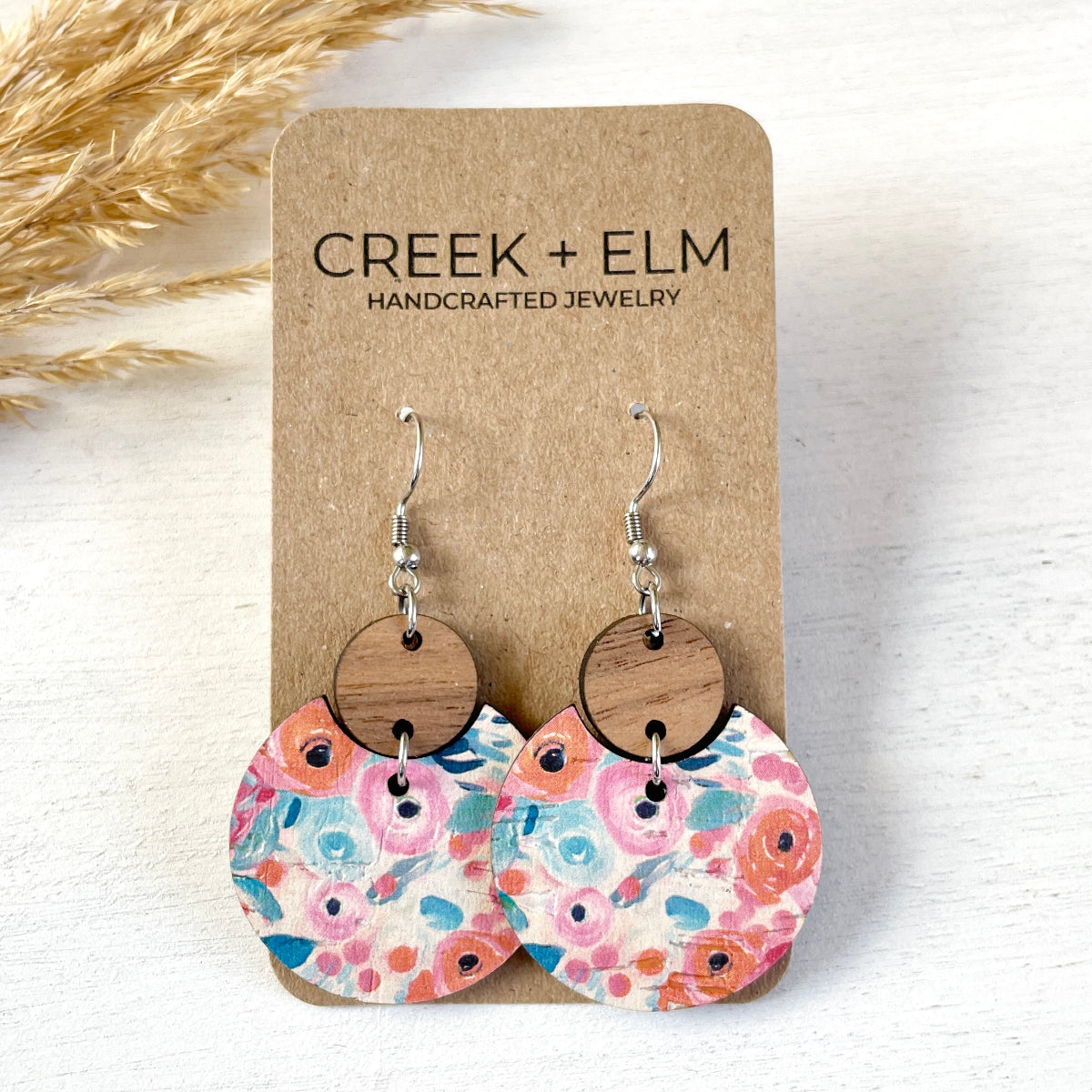 Cora Summer Garden cork and walnut earrings on Creek+Elm Packaging