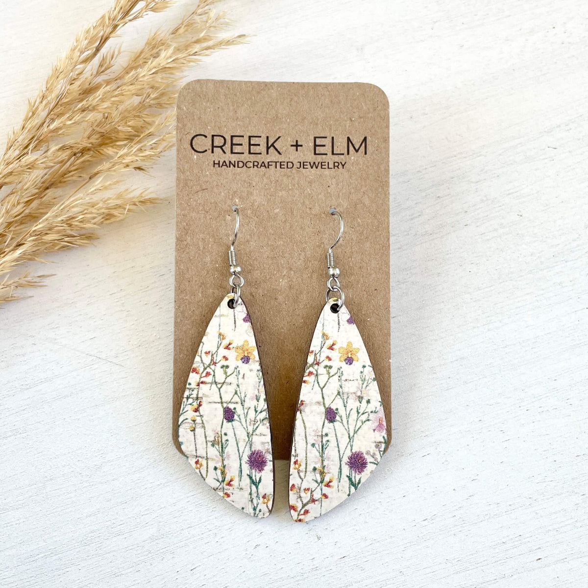 Creek+Elm earrings on carded packaging