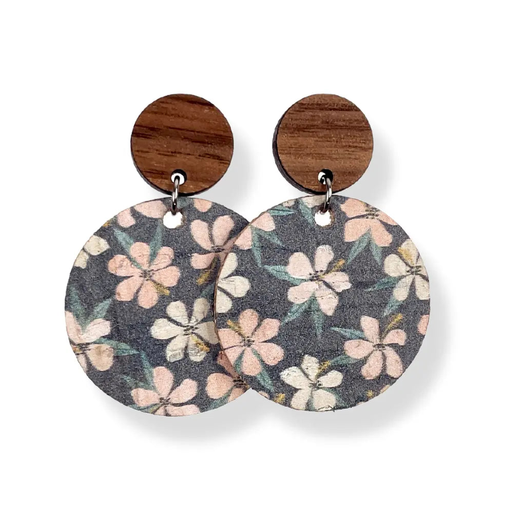 Liyra Cork and Walnut Wood Circle Earrings- Hibiscus Creek + Elm