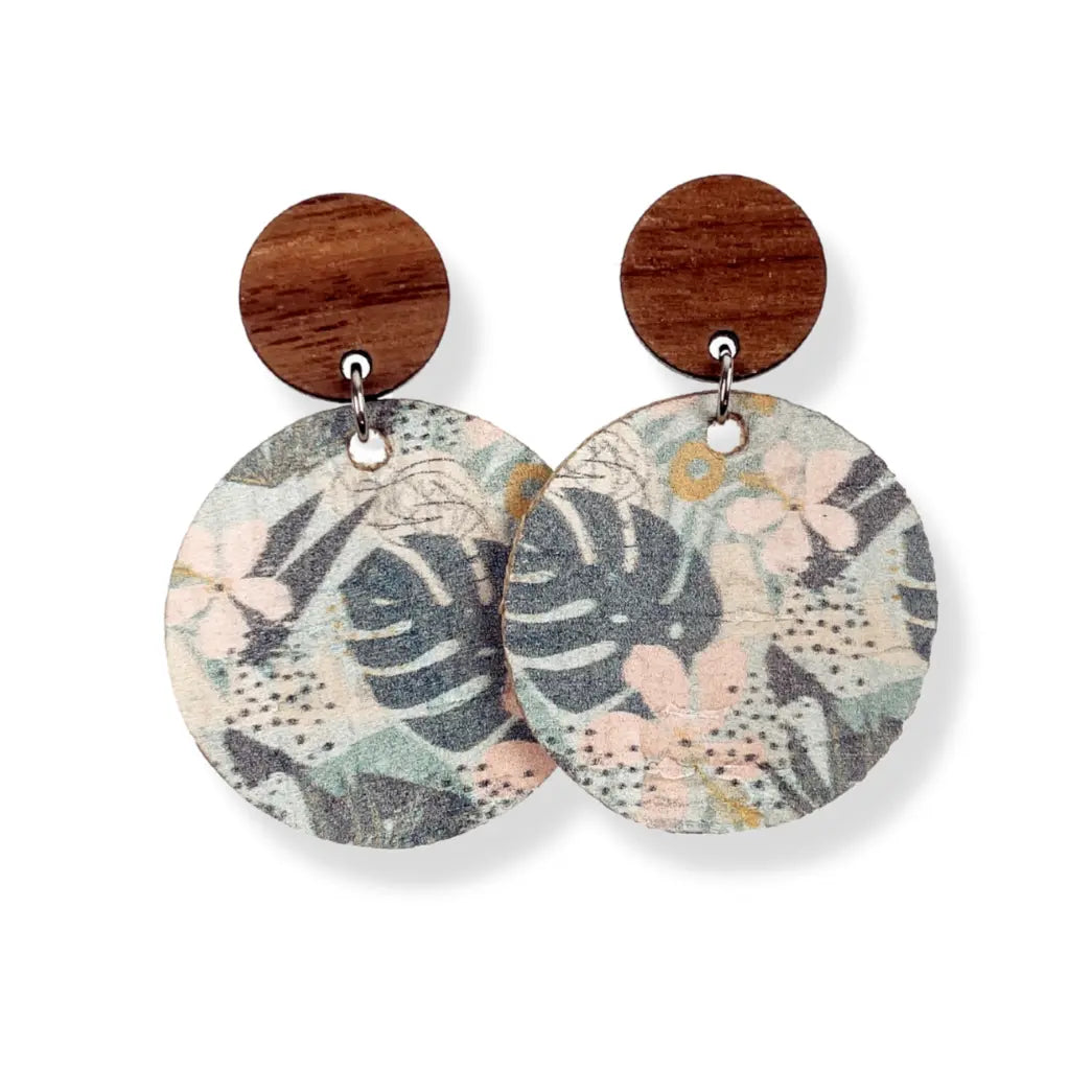 Liyra Cork and Walnut Wood Circle Earrings- Monstera Leaves Creek + Elm