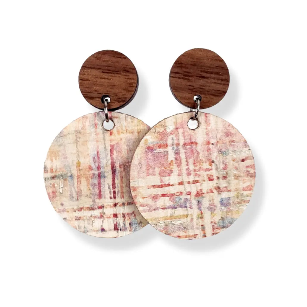 Liyra Cork and Walnut Wood Circle Earrings- Rainbow Pastel Creek + Elm