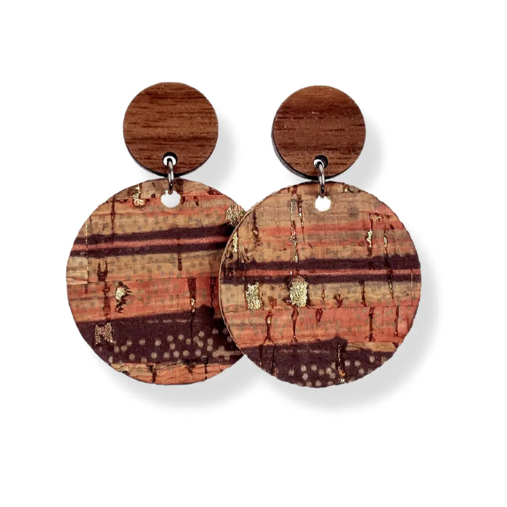 Liyra Cork and Walnut Wood Circle Earrings- Sunset Stripes Creek + Elm