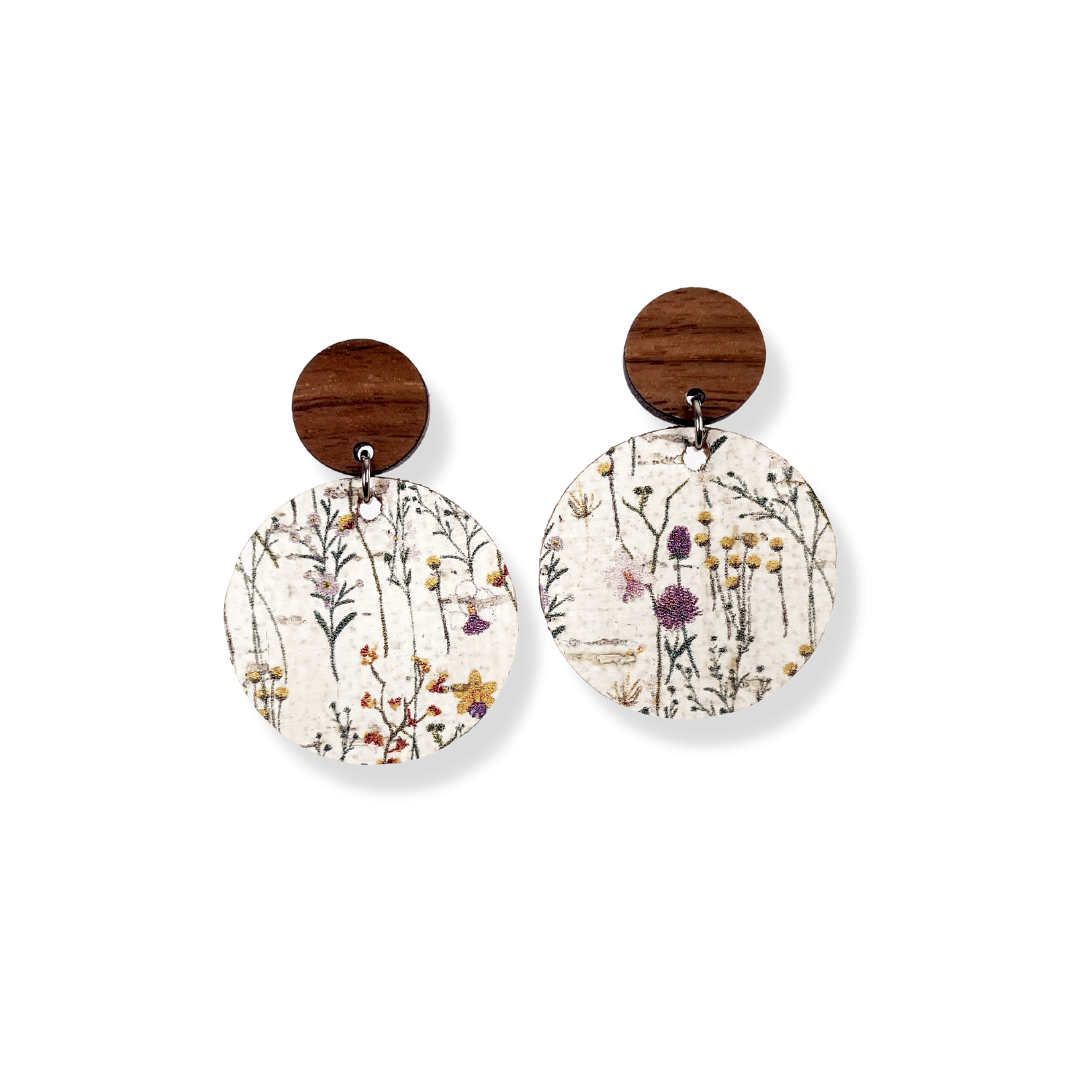 Liyra Cork and Walnut Wood Circle Earrings- Wildflowers