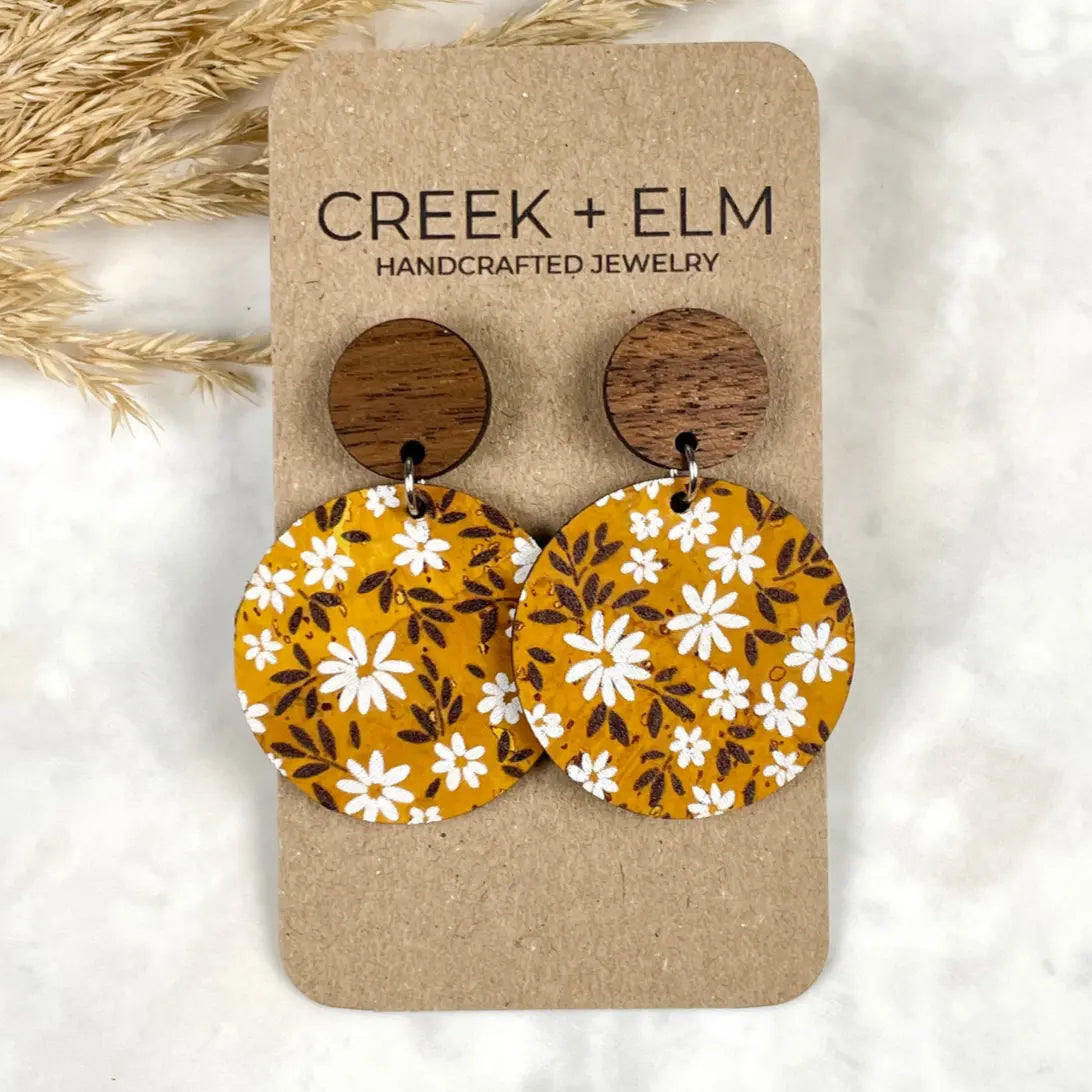 Liyra Cork and Walnut Wood Circle Earrings-Mustard Floral Creek + Elm