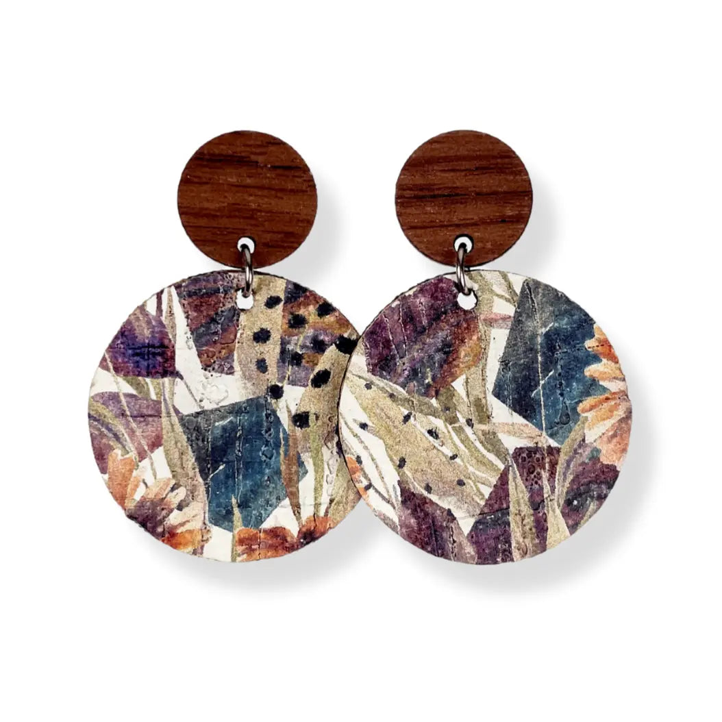 Liyra Cork and Walnut Wood Circle Earrings- Autumn Floral Creek + Elm