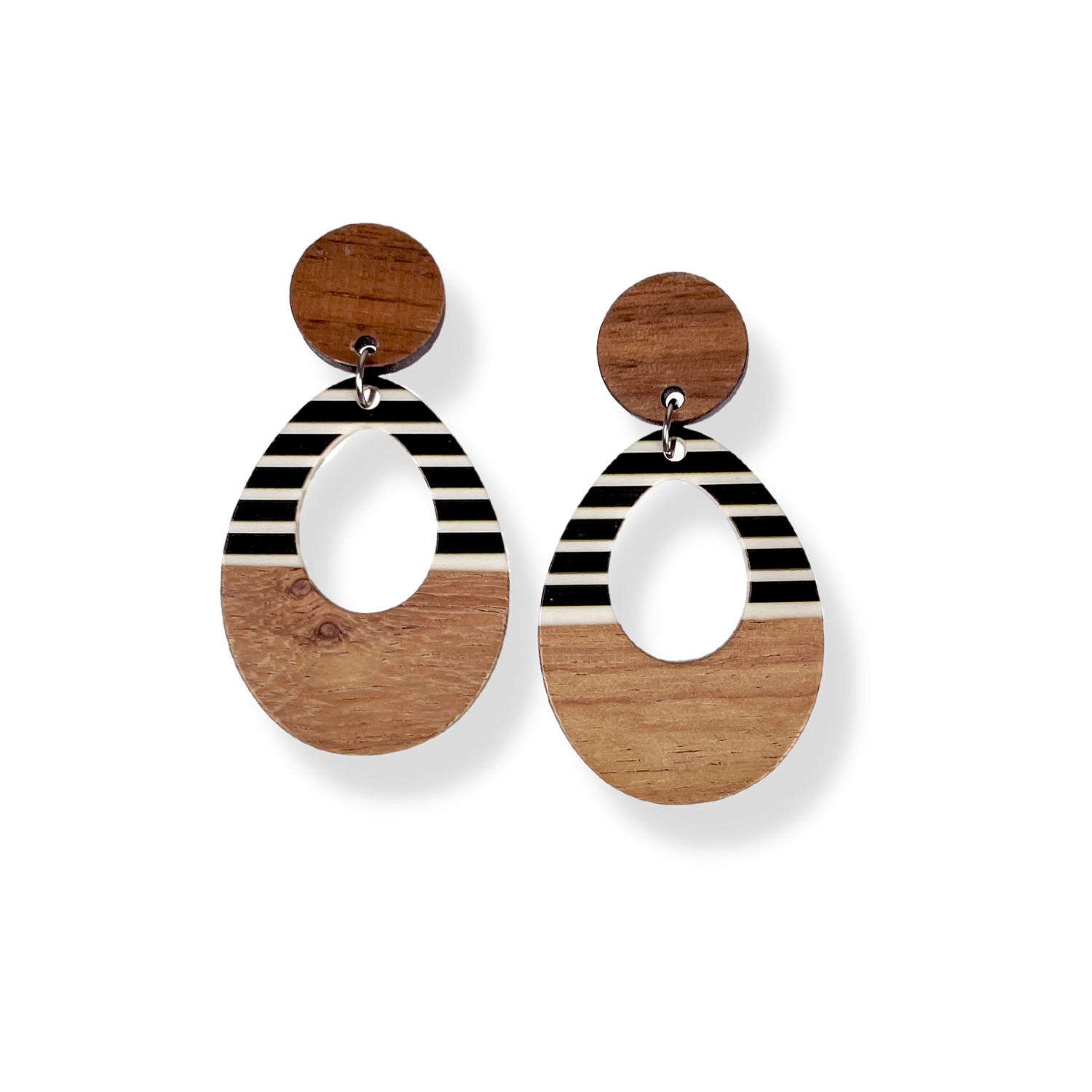 Luna Wood and Resin Dangly Earrings-Black &amp; White Striped