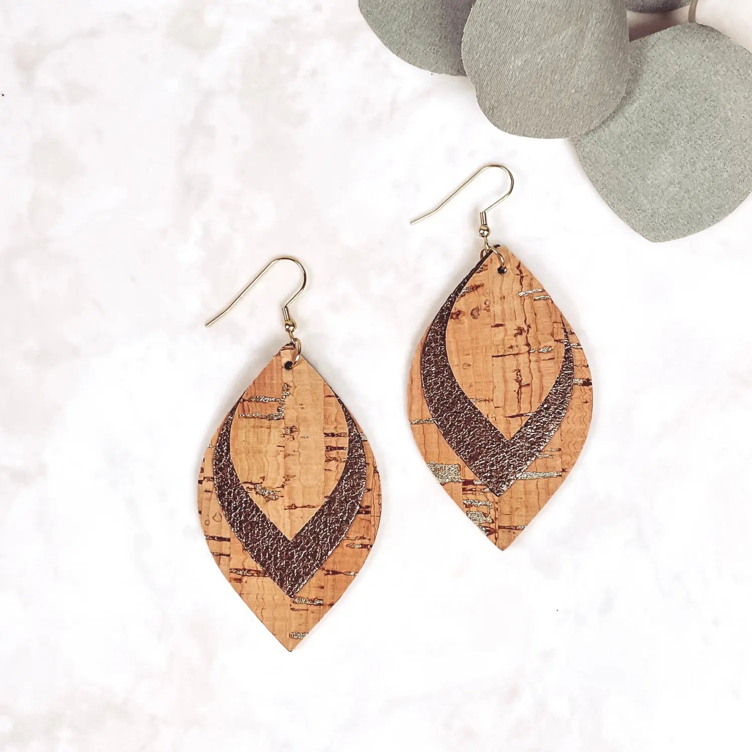 Macy Cork and Faux Leather Dangly Leaf Earrings Natural Gold Fleck