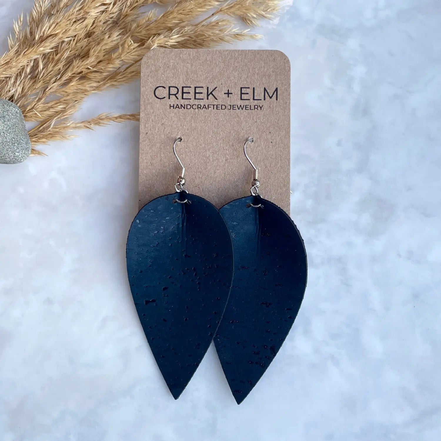 Henley Cork Dangly Leaf Earrings-Navy Creek + Elm