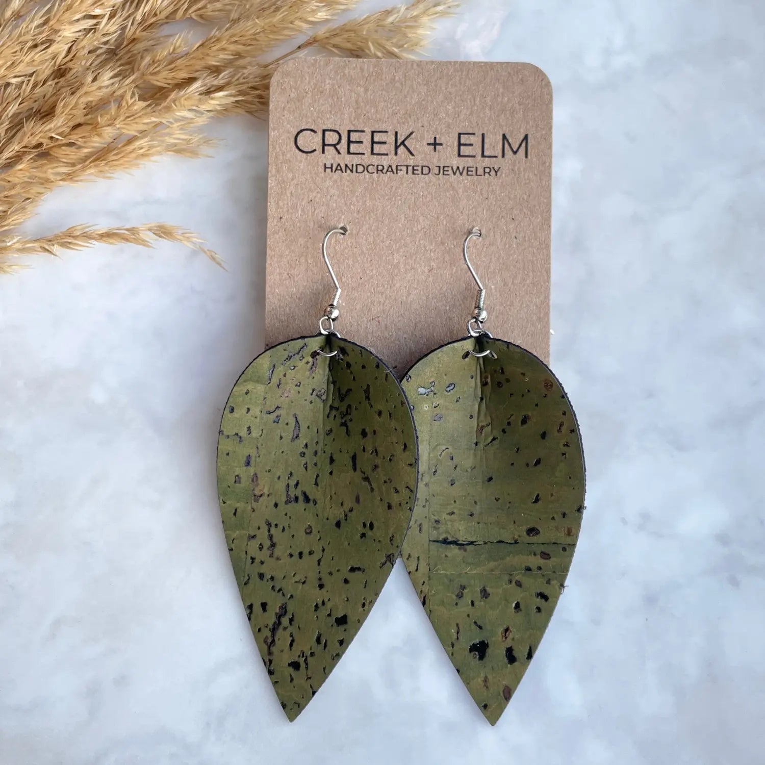 Henley Cork Dangly Leaf Earrings-Olive Green Creek + Elm