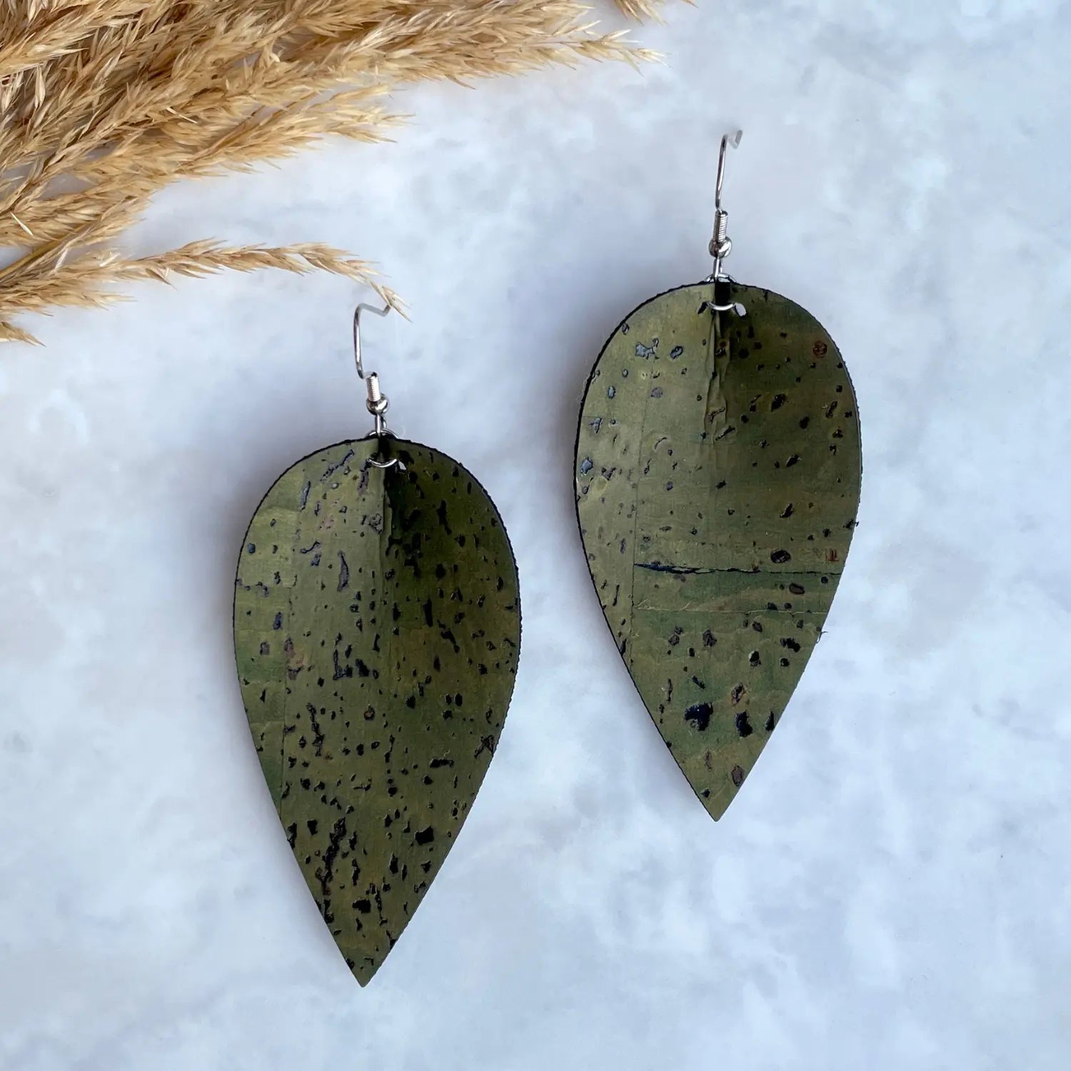 Henley Cork Dangly Leaf Earrings-Olive Green Creek + Elm