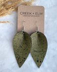 Henley Cork Dangly Leaf Earrings-Olive Green Creek + Elm