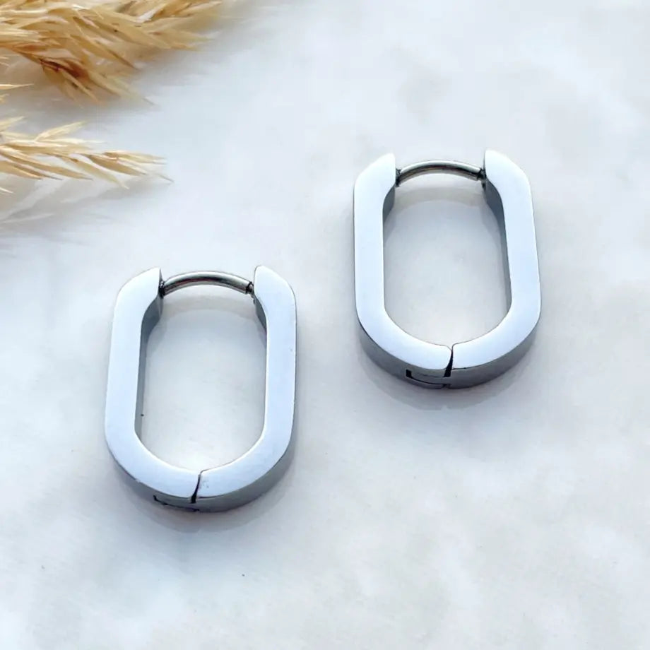 Huggie Hoop- Silver Oval Stainless Steel Creek + Elm