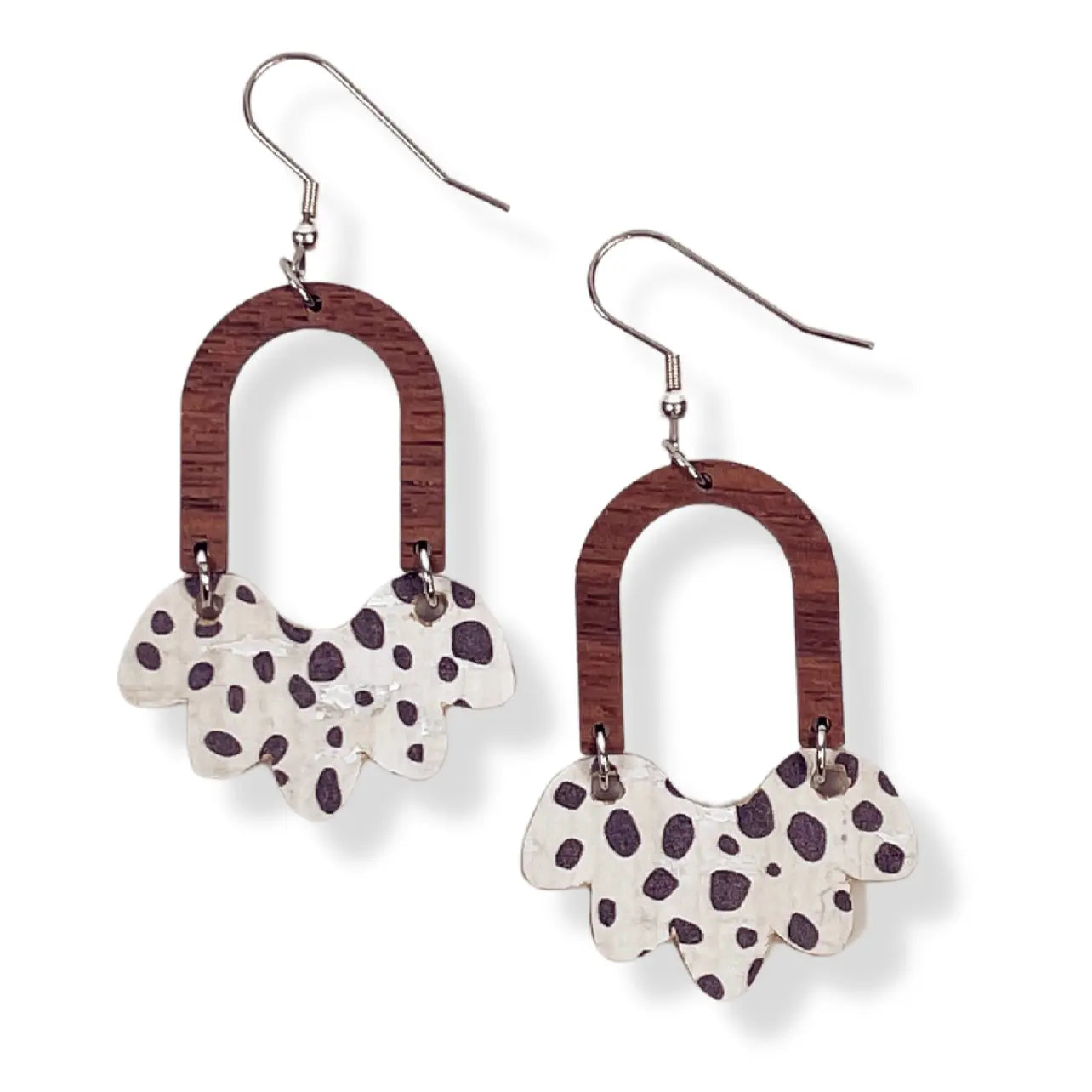 Paige Scalloped Cork and Walnut Wood Arch Dangly Earrings-Spotted Creek + Elm