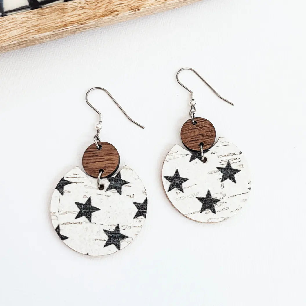 Cora Patriotic Collection Walnut Wood and Cork Earrings- Blue Stars Creek + Elm