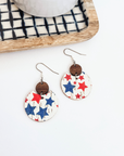 Cora Patriotic Collection Walnut Wood and Cork Earrings- Red and Blue Stars