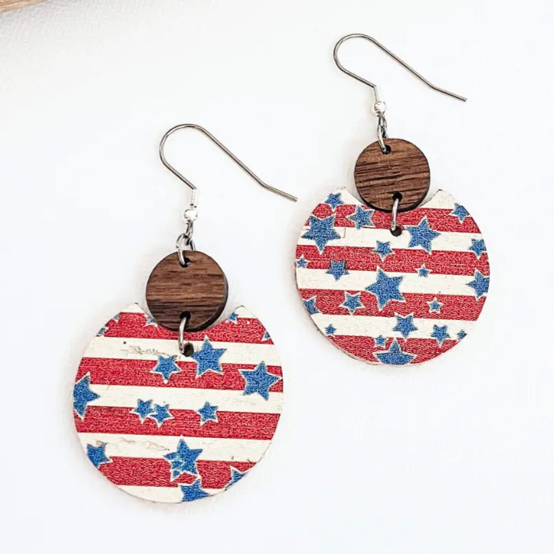 Cora Patriotic Collection Walnut Wood and Cork Earrings- Stripes Creek + Elm