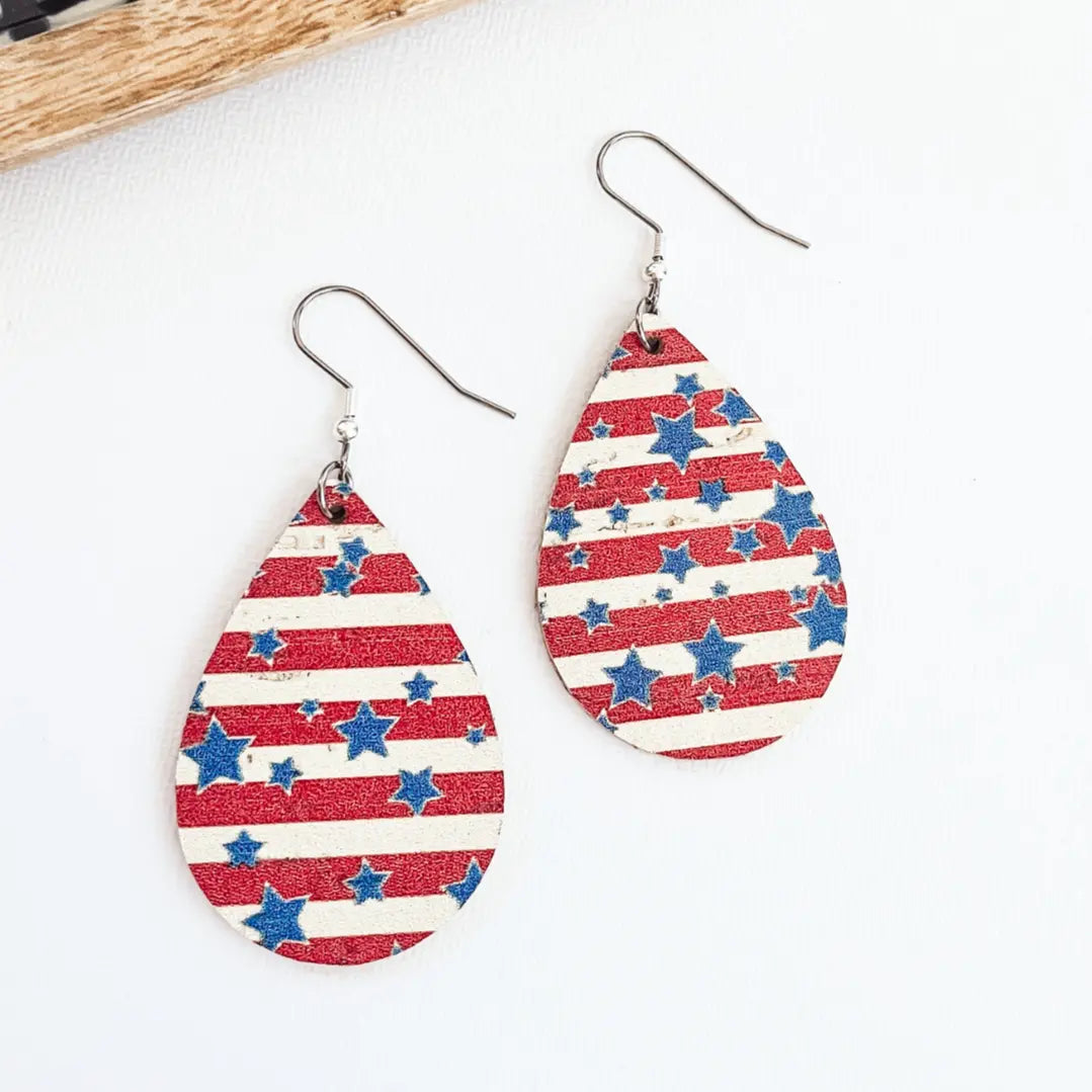 Patriotic Teardrop Cork Earrings- Stripes Creek + Elm