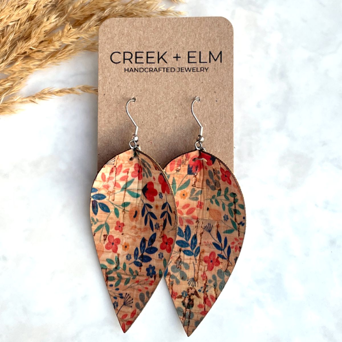 cork henley leaf shaped earring in petite floral pattern