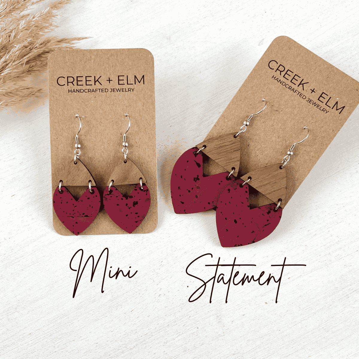 Scarlett Cork + Wood Heart Earrings- Red Wine