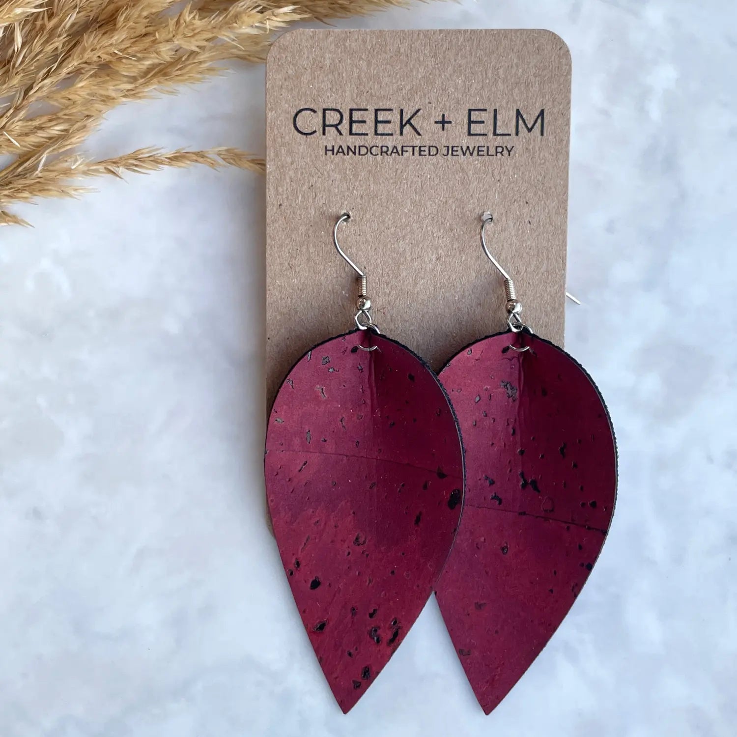 Henley Cork Dangly Leaf Earrings-Red Wine Creek + Elm