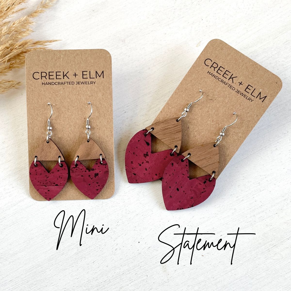 Scarlett Cork + Wood Heart Earrings- Red Wine