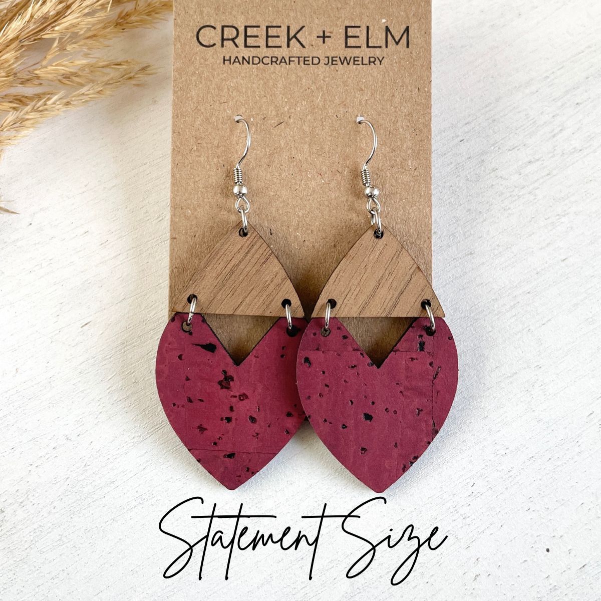 Scarlett Cork + Wood Heart Earrings- Red Wine