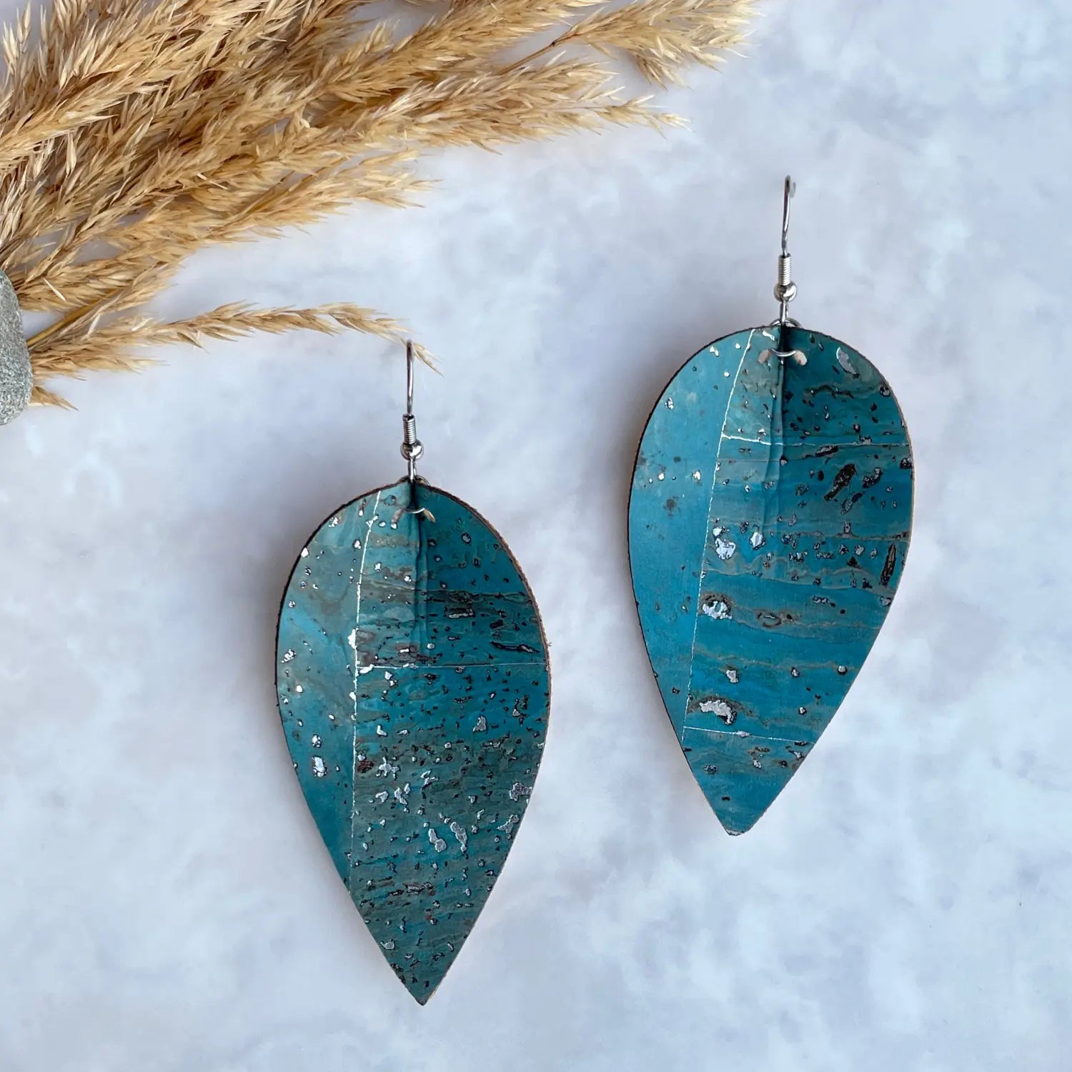 Henley Cork Dangly Leaf Earrings-Silver Fleck Blue Creek + Elm