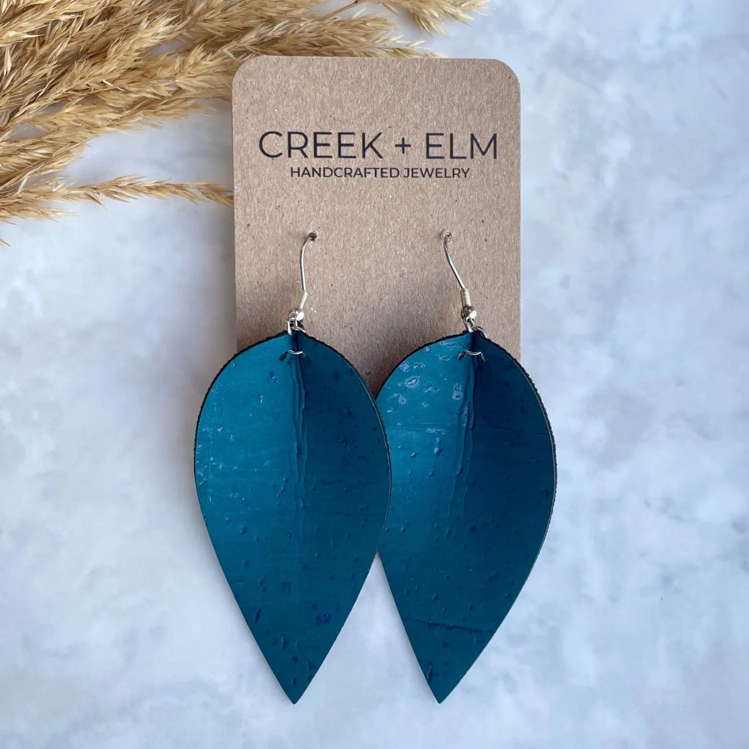 Henley Cork Dangly Leaf Earrings-Turquoise Creek + Elm