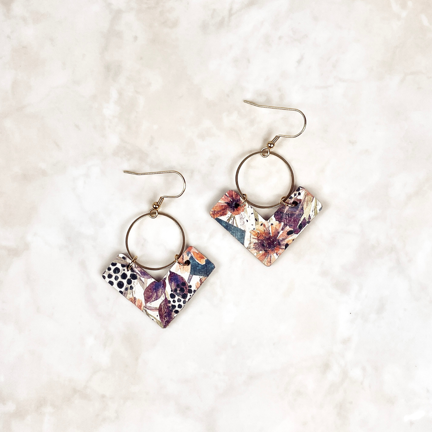 Wren Cork and Gold Accent Dangly Earrings-Autumn Floral