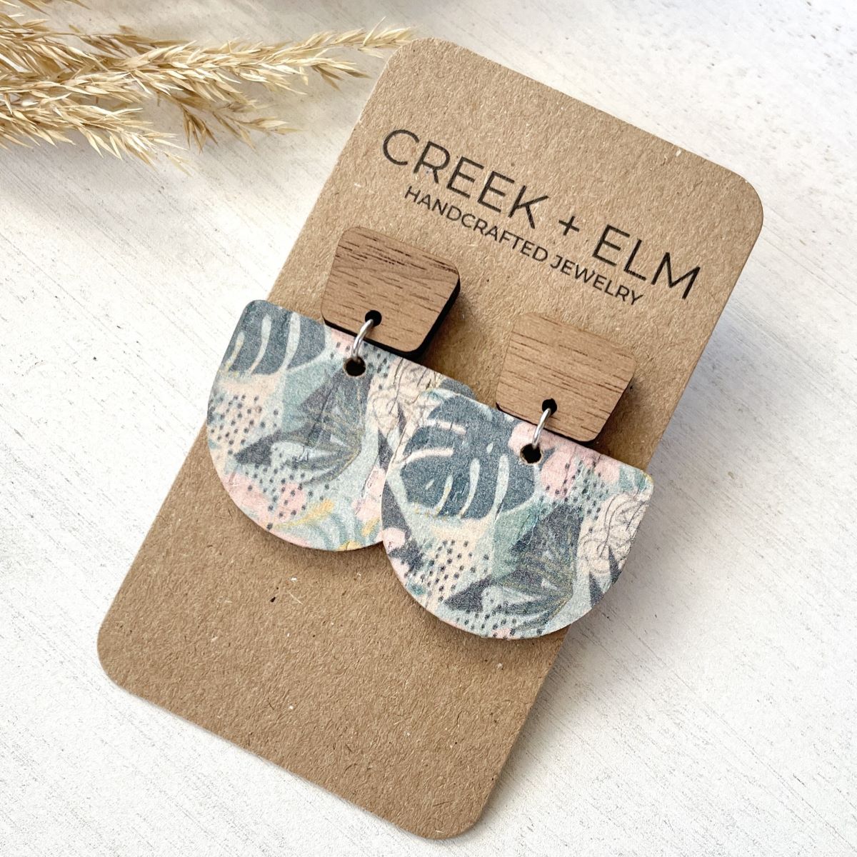 Charlie Walnut Wood + Cork Earrings- Monstera Leaves