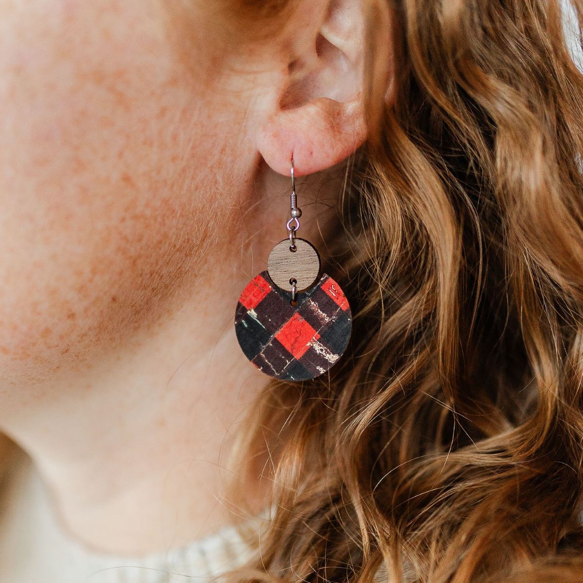 Cora Walnut Wood + Cork Earrings- Gold Flecked Buffalo Plaid
