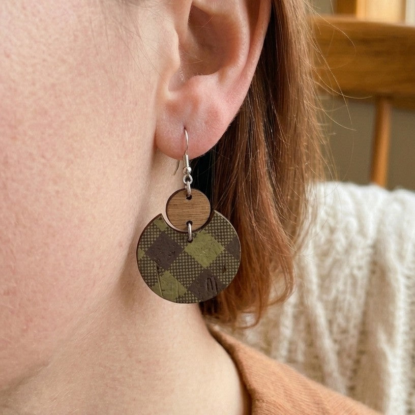 on ear cork and walnut green buffalo check earrings