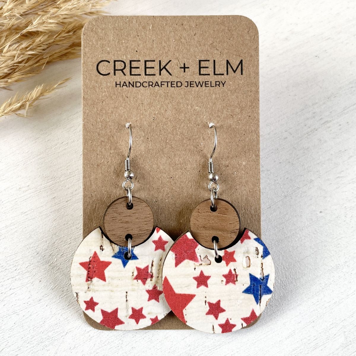 Cora Walnut Wood + Cork Earrings- Red &amp; Blue Stars