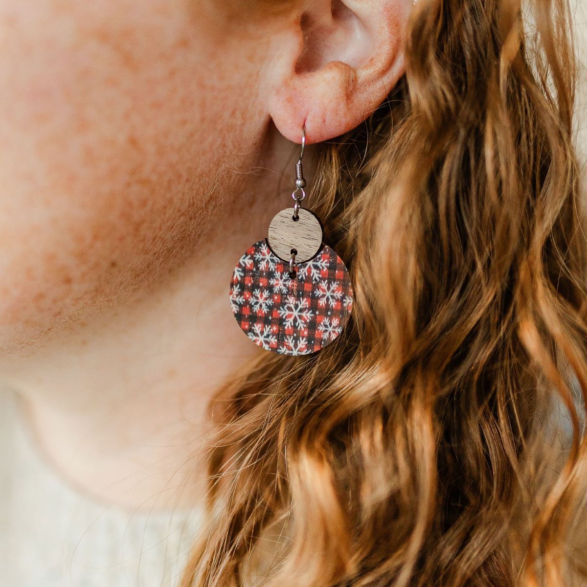 Cora Walnut Wood + Cork Earrings- Snowflake