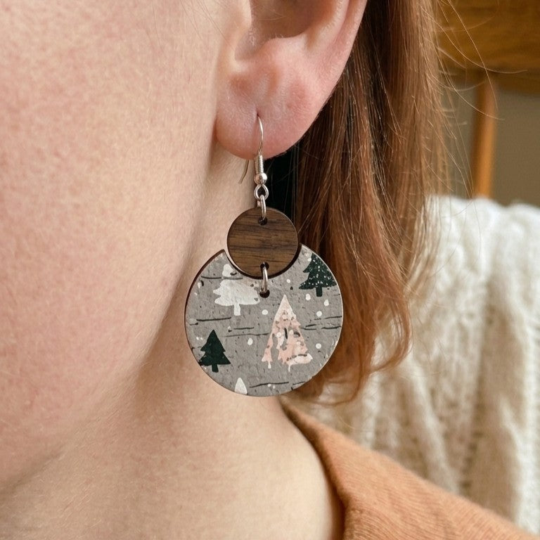 on ear model photo of cora cork and walnut cutout earrings