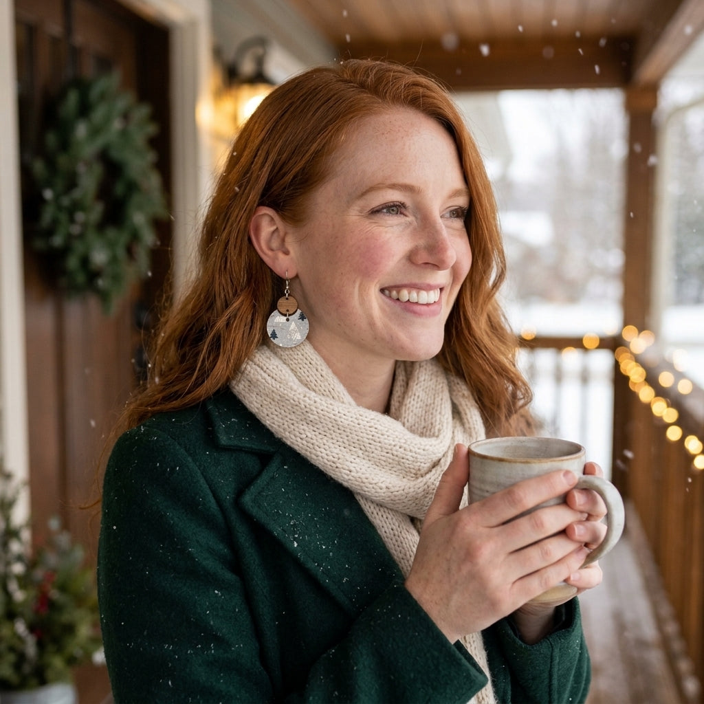 woman standing on porch wearing cora winter woods cork and walnut cutout earrings
