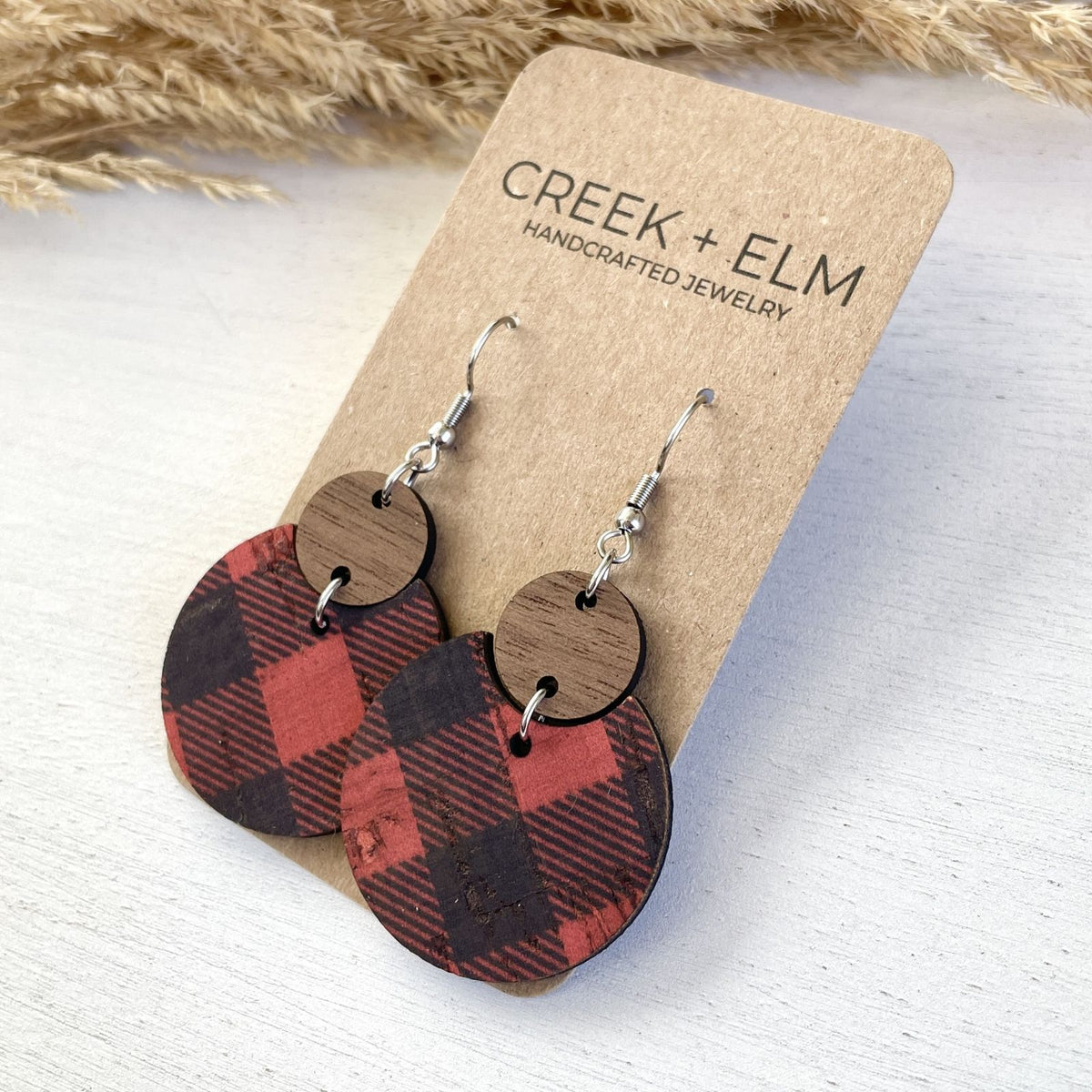red buffalo plaid cork and walnut dangle earrings